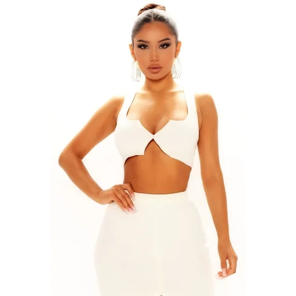 🆕️🆑️ NOVA LUXE RIBBED KNIT SKIRT SET | Ivory Cropped Sweater Midi w Slit Skirt