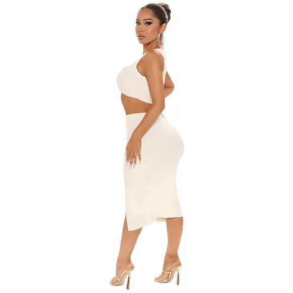 🆕️🆑️ NOVA LUXE RIBBED KNIT SKIRT SET | Ivory Cropped Sweater Midi w Slit Skirt