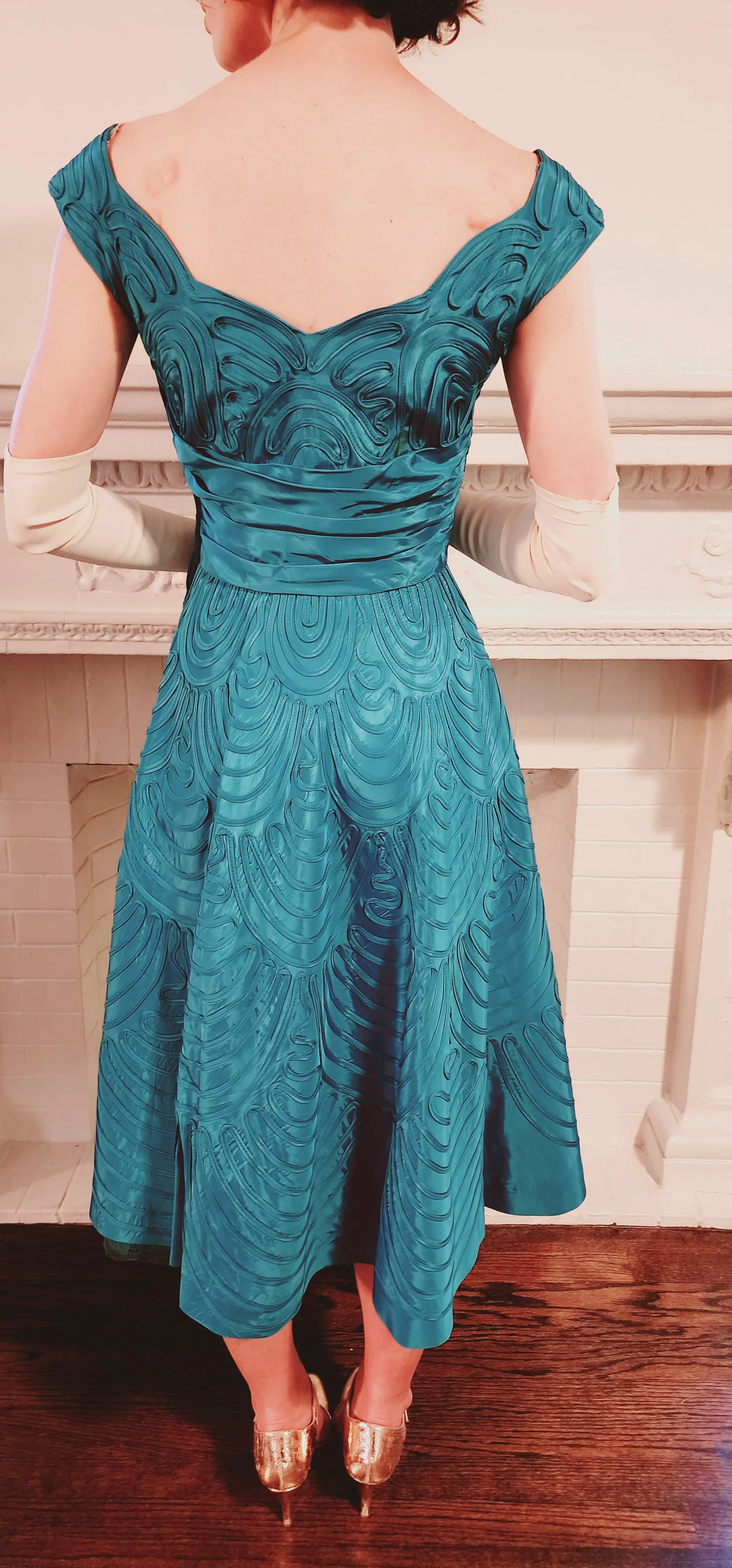 50s Aqua Blue Silk Ribbon Party Dress by Smart Miss / S