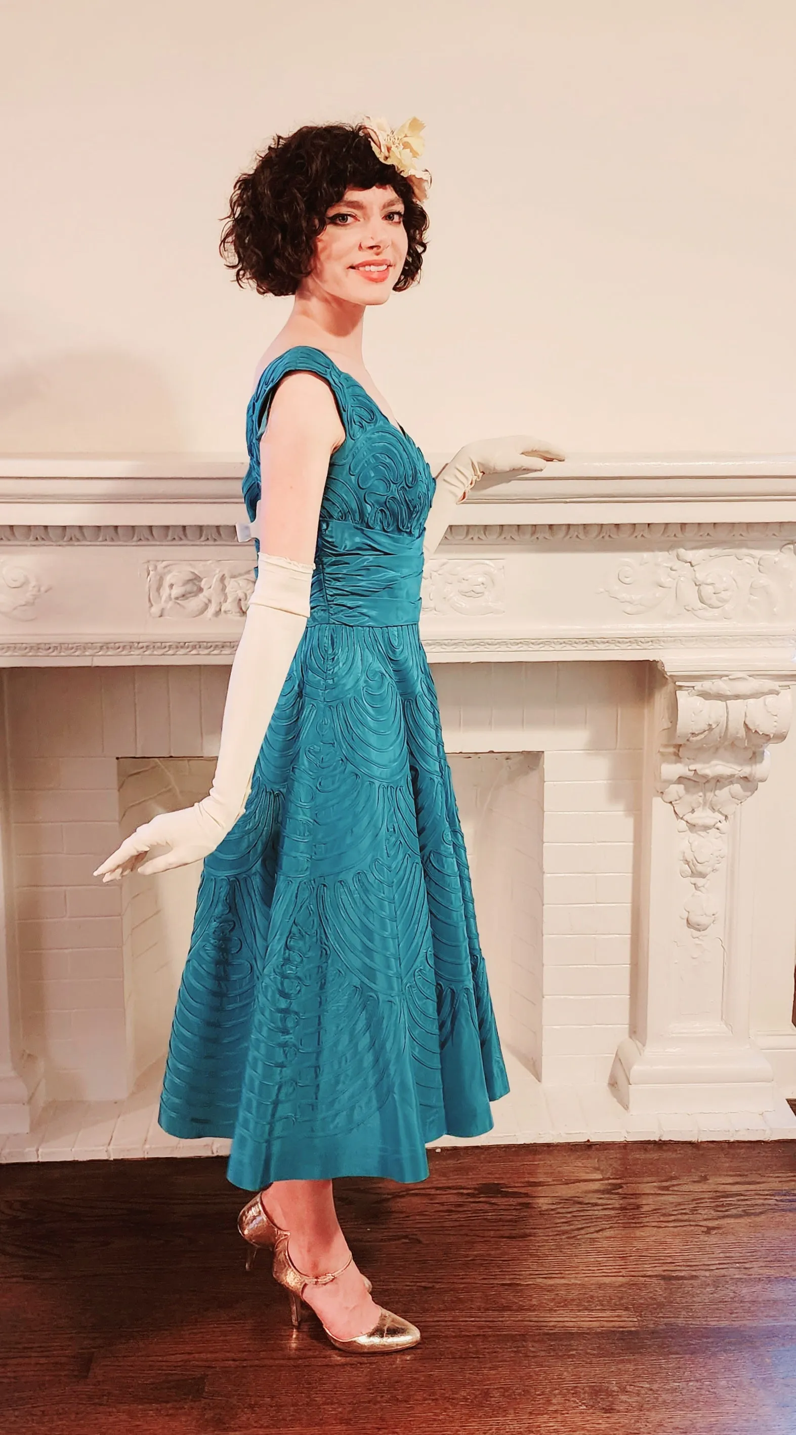 50s Aqua Blue Silk Ribbon Party Dress by Smart Miss / S