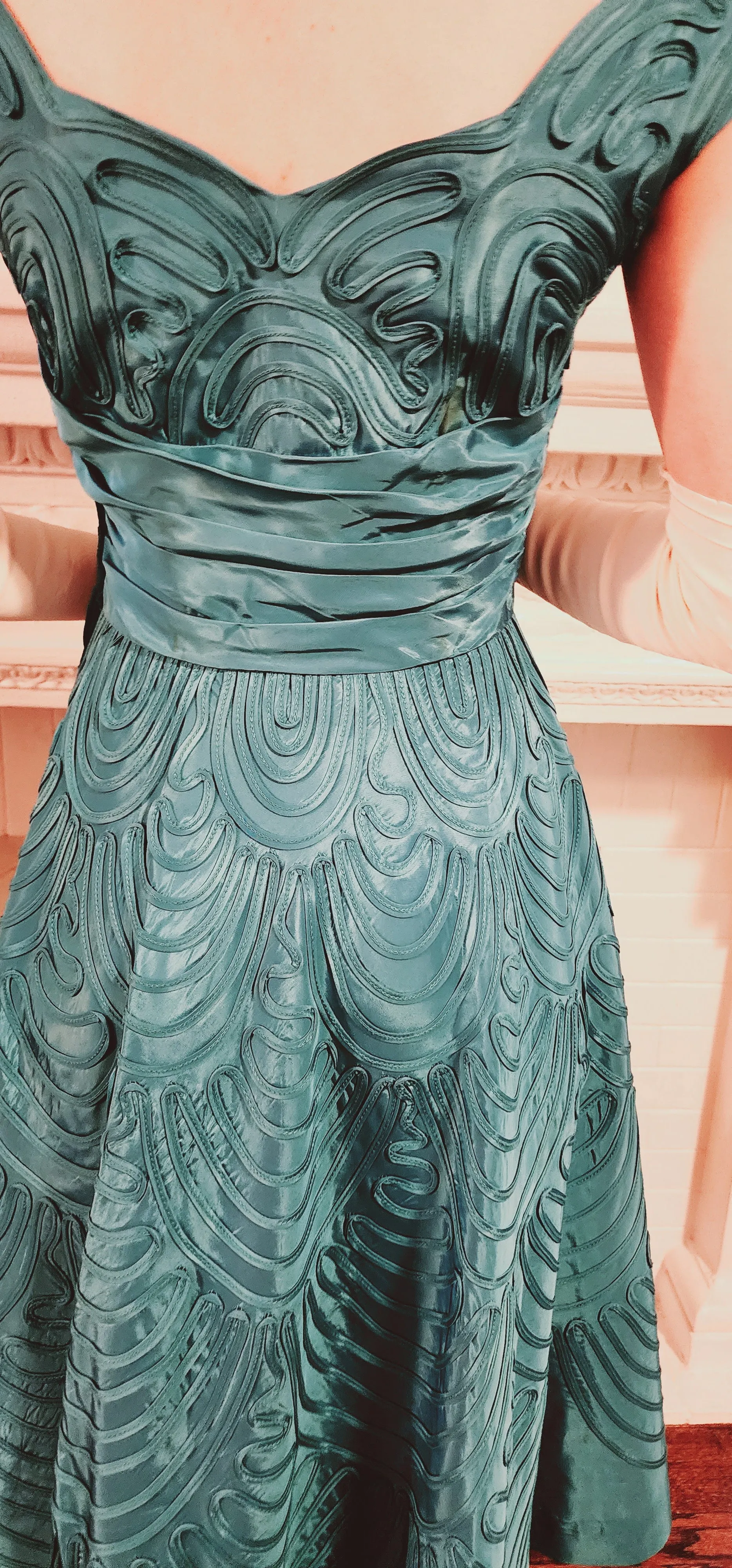 50s Aqua Blue Silk Ribbon Party Dress by Smart Miss / S