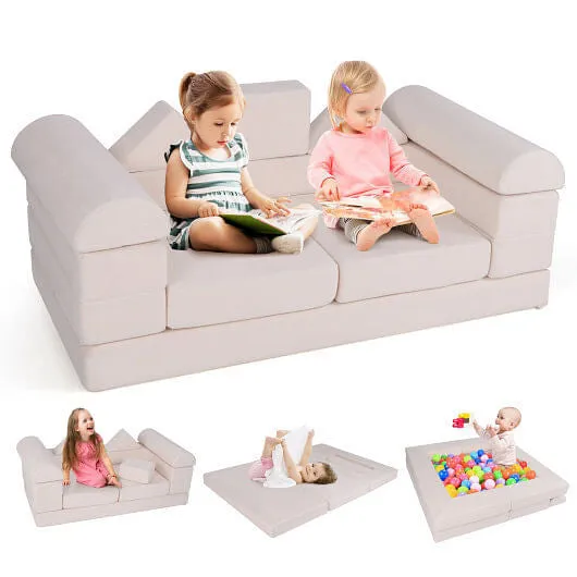 9-Piece Climb and Crawl Foam and Floor Playset with Breathable Suede Fabric-Beig