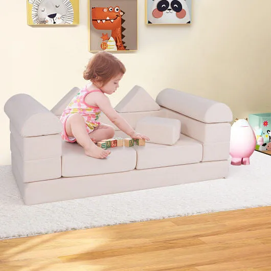 9-Piece Climb and Crawl Foam and Floor Playset with Breathable Suede Fabric-Beig