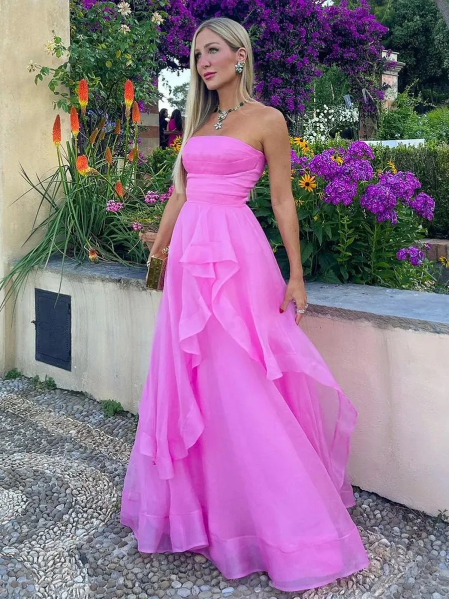 A-line Strapless Organza Prom Dresses