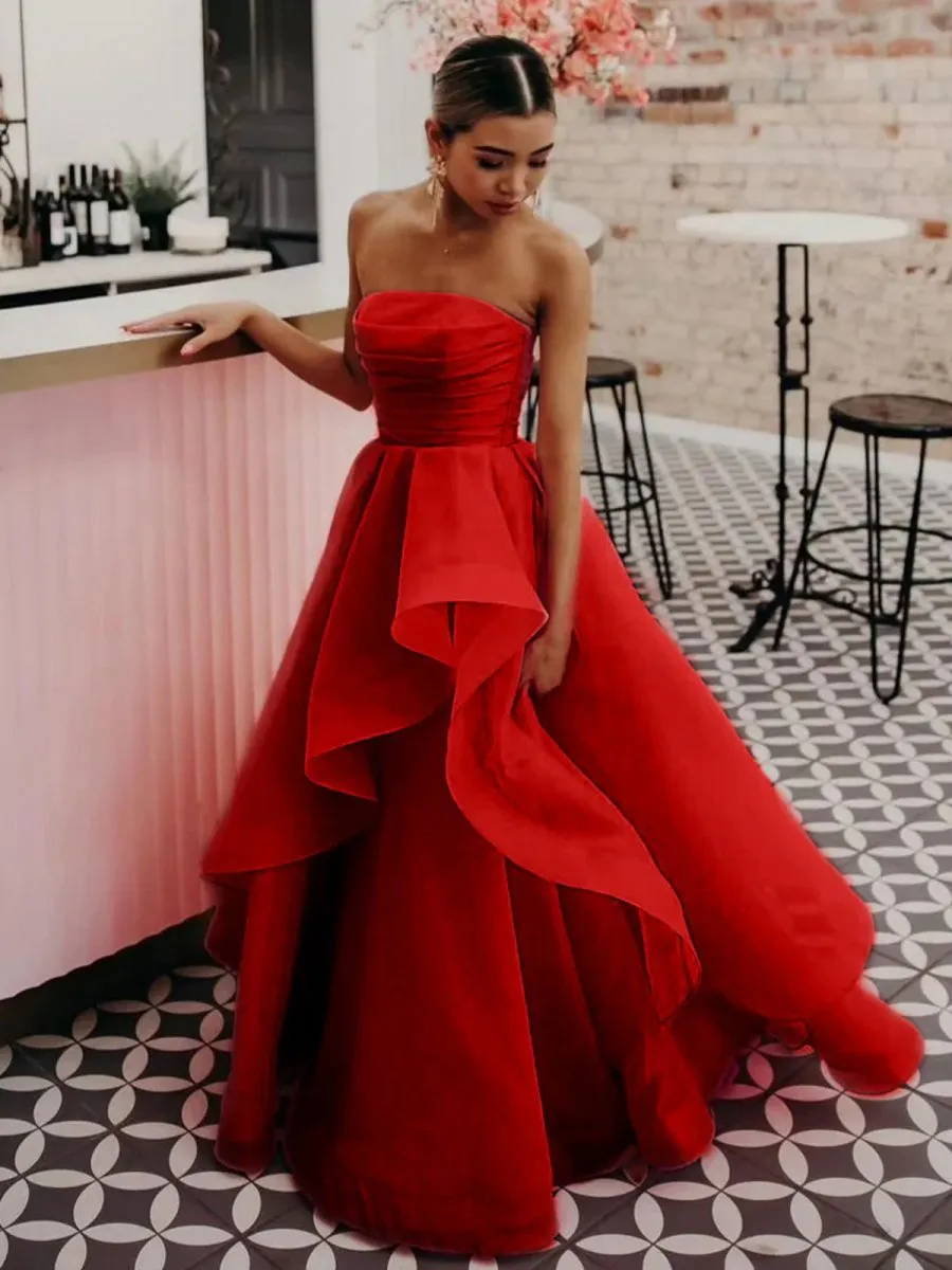 A-line Strapless Organza Prom Dresses