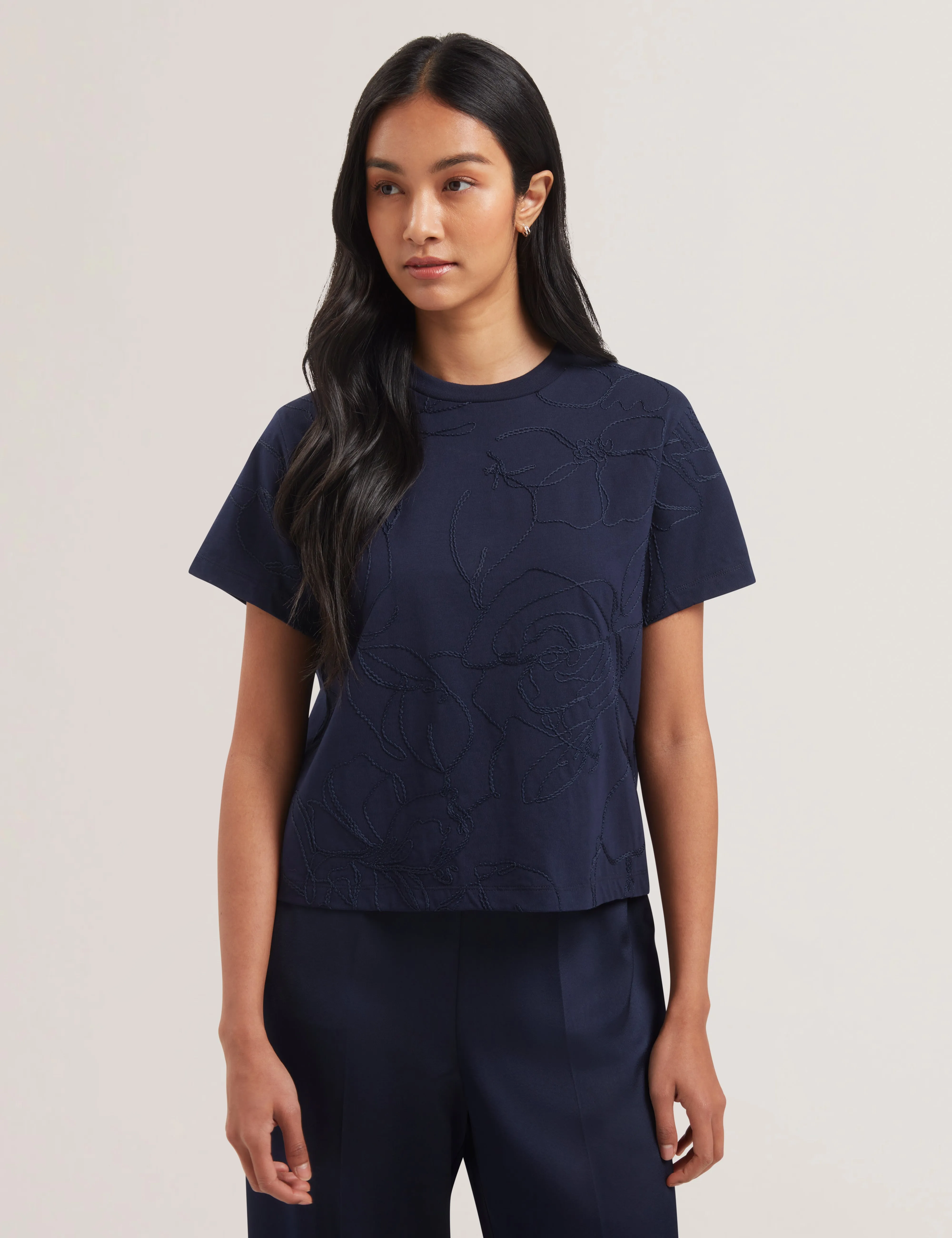 Agaly Short Sleeve All Over Embroidered Boxy Tee Navy