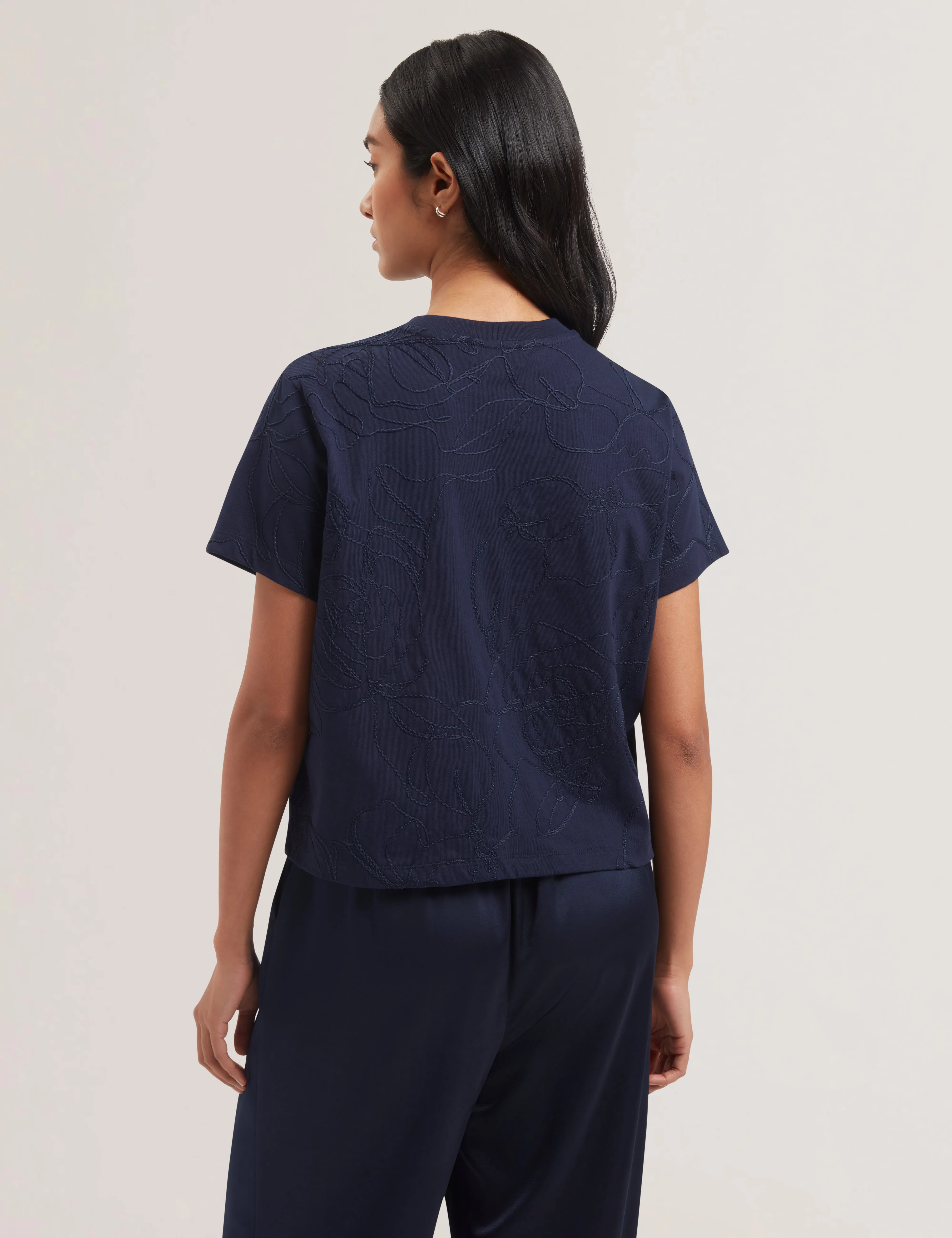 Agaly Short Sleeve All Over Embroidered Boxy Tee Navy