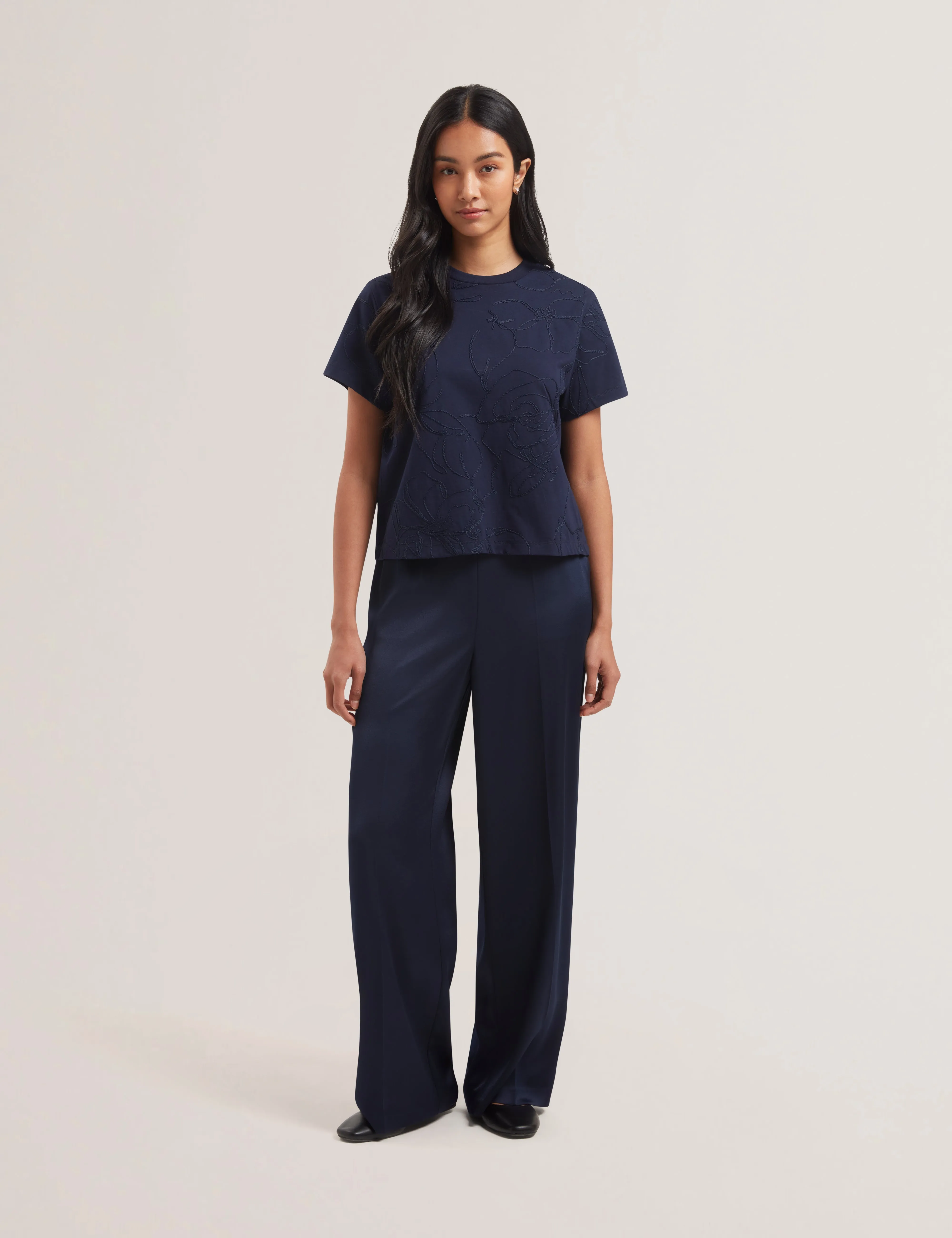 Agaly Short Sleeve All Over Embroidered Boxy Tee Navy