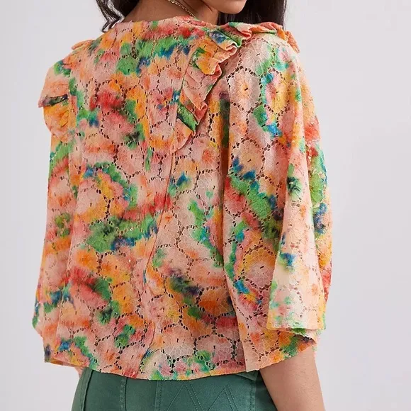 Anthropologie Open Front Wide Sleeve Cropped Floral Lace Shrug