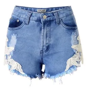 APRIL - Blue High Waist Zipper Fly Denim Lace Shorts for Women