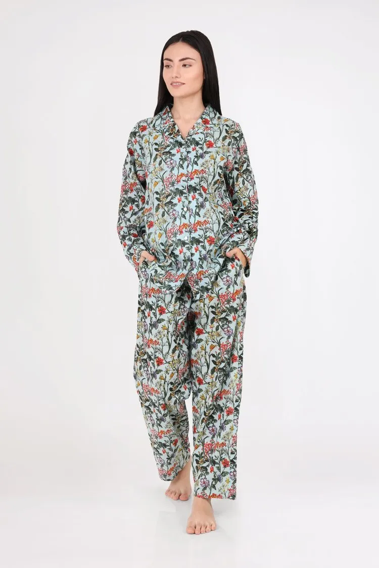 Arabella Long Sleeve Pyjama set - Light Mint with Red Flowers