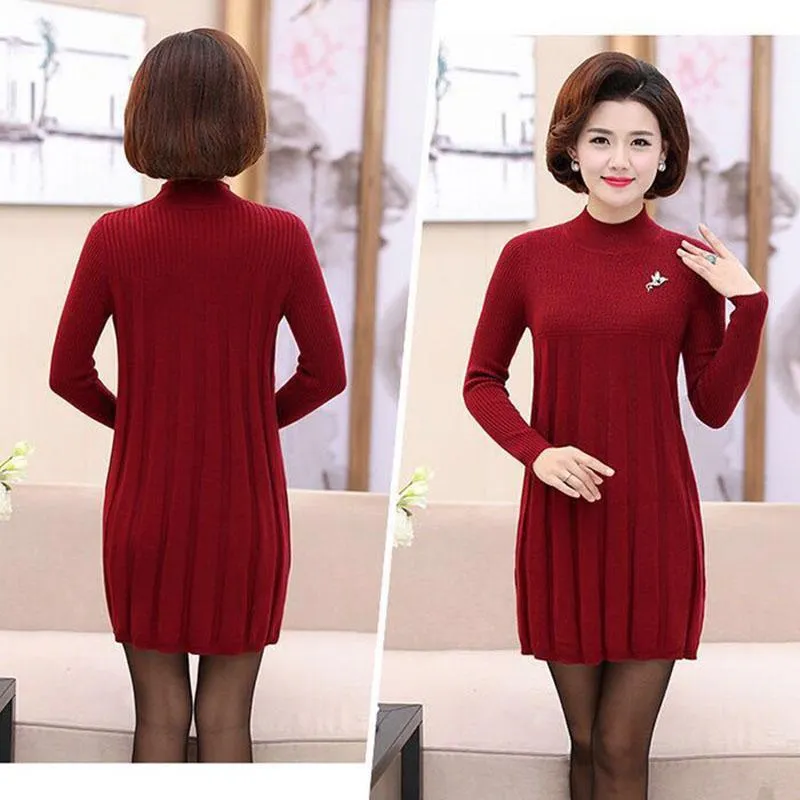 Autumn and Winter Loose Mid-length Dress Half High Neck Knitted Casual Bottoming Shirt Middle-aged Women Sweater Dress