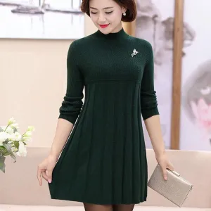 Autumn and Winter Loose Mid-length Dress Half High Neck Knitted Casual Bottoming Shirt Middle-aged Women Sweater Dress