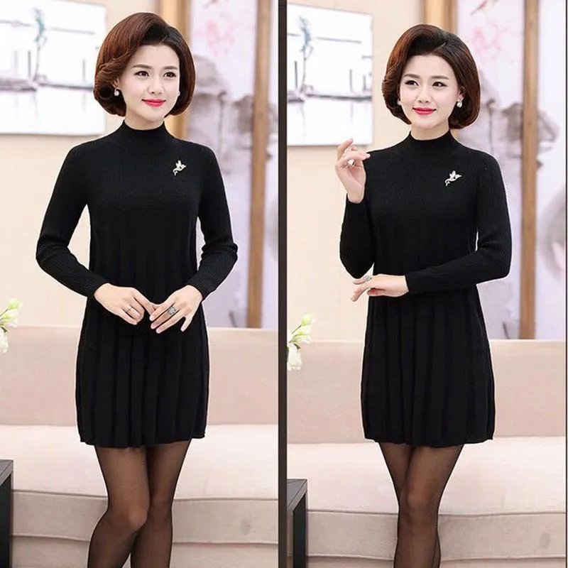 Autumn and Winter Loose Mid-length Dress Half High Neck Knitted Casual Bottoming Shirt Middle-aged Women Sweater Dress