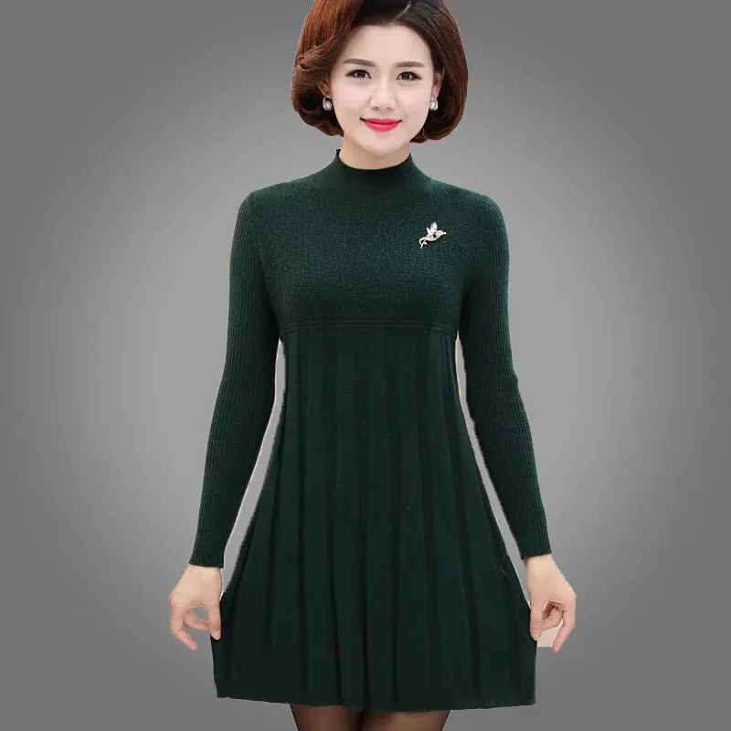 Autumn and Winter Loose Mid-length Dress Half High Neck Knitted Casual Bottoming Shirt Middle-aged Women Sweater Dress
