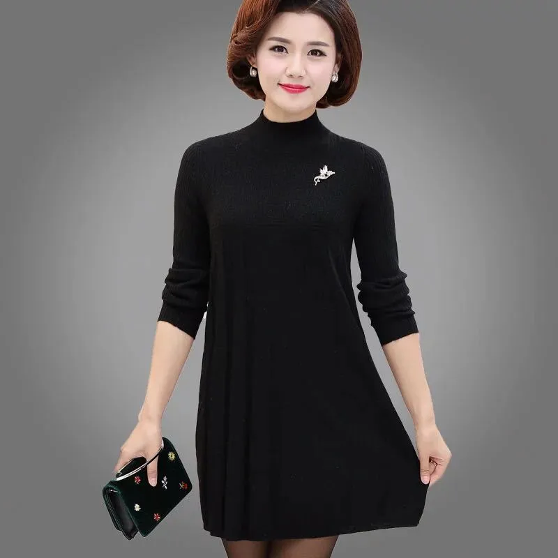 Autumn and Winter Loose Mid-length Dress Half High Neck Knitted Casual Bottoming Shirt Middle-aged Women Sweater Dress