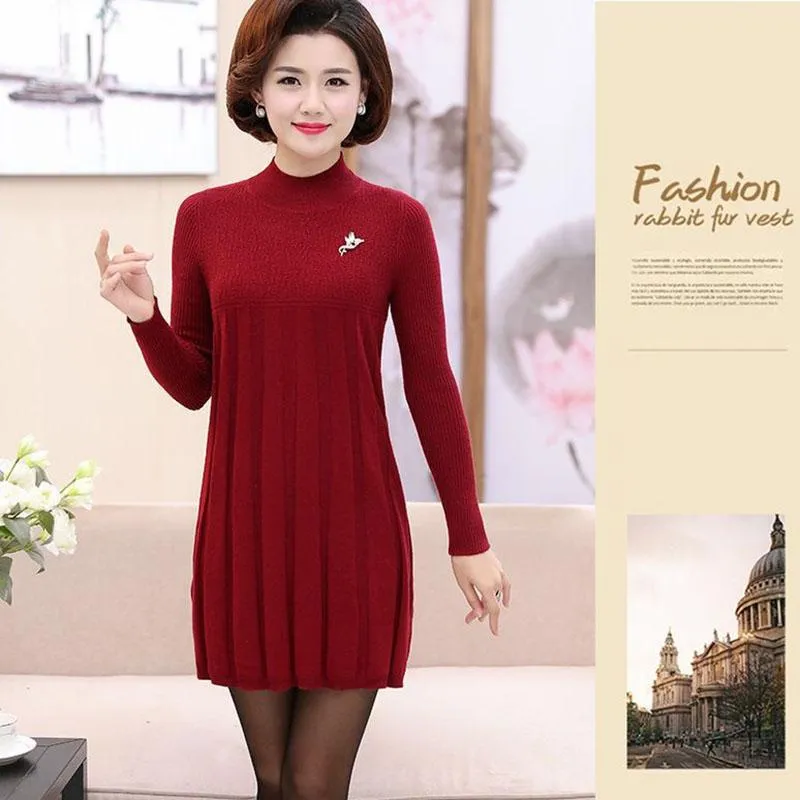 Autumn and Winter Loose Mid-length Dress Half High Neck Knitted Casual Bottoming Shirt Middle-aged Women Sweater Dress