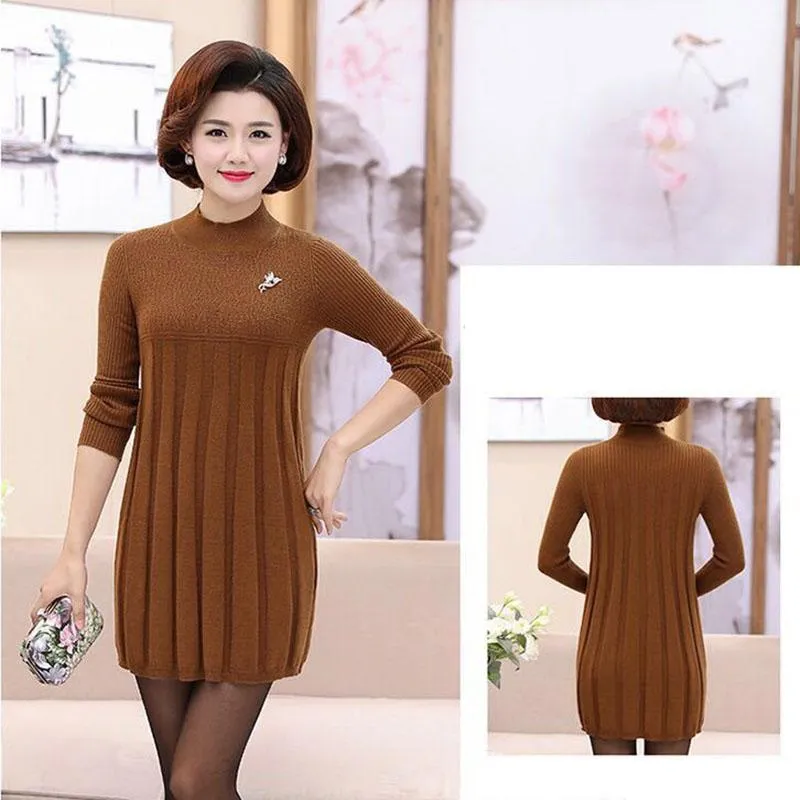 Autumn and Winter Loose Mid-length Dress Half High Neck Knitted Casual Bottoming Shirt Middle-aged Women Sweater Dress