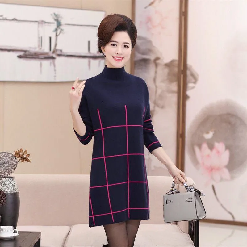Autumn and Winter Middle-aged and Elderly Plus Size Dress In The Long Section Thick Plus Size Base Skirt Striped Pattern Simple Sweater Dress