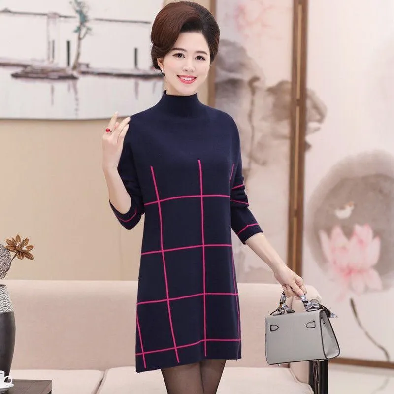 Autumn and Winter Middle-aged and Elderly Plus Size Dress In The Long Section Thick Plus Size Base Skirt Striped Pattern Simple Sweater Dress