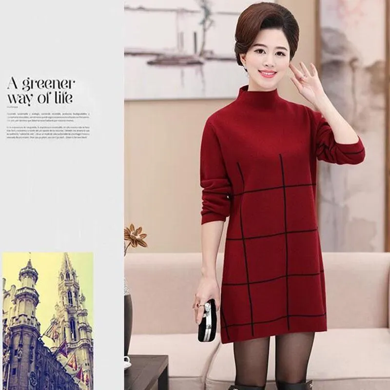 Autumn and Winter Middle-aged and Elderly Plus Size Dress In The Long Section Thick Plus Size Base Skirt Striped Pattern Simple Sweater Dress