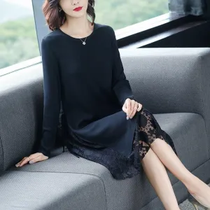 Autumn and Winter Pure Color Simple Dress Lace Mid-length Over-the-knee Base Skirt Fashionable Knitted Women Sweater Dress