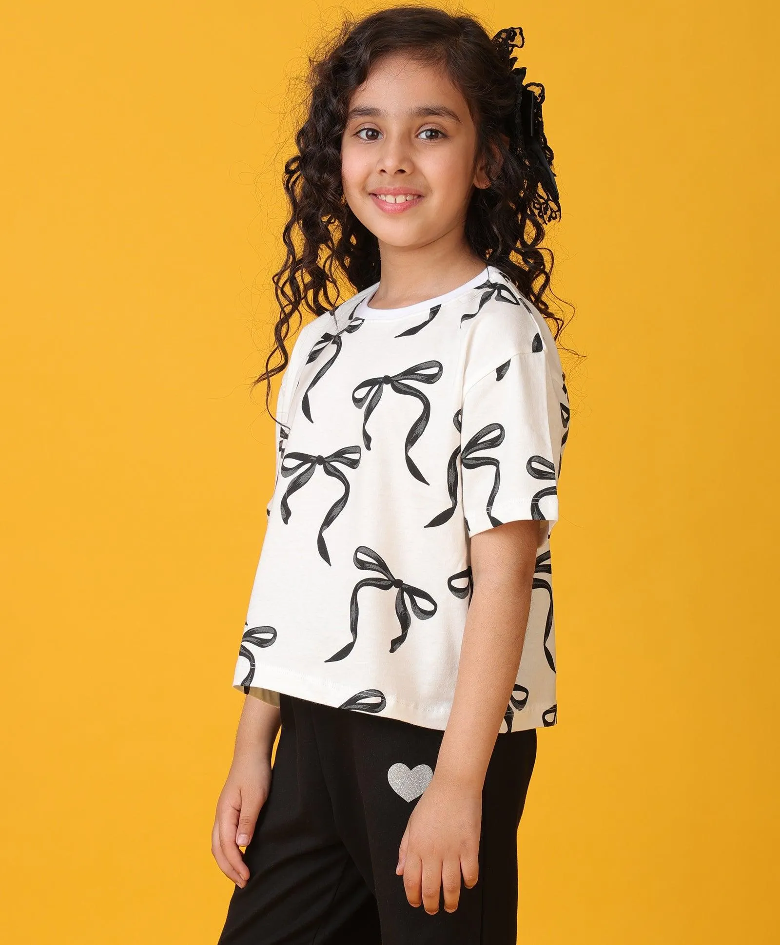 BLACK BOW SHORT SLEEVES SUMMER T-SHIRT - WHITE