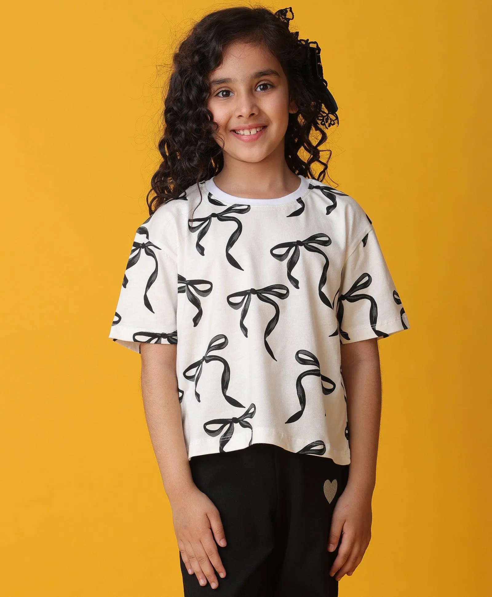 BLACK BOW SHORT SLEEVES SUMMER T-SHIRT - WHITE