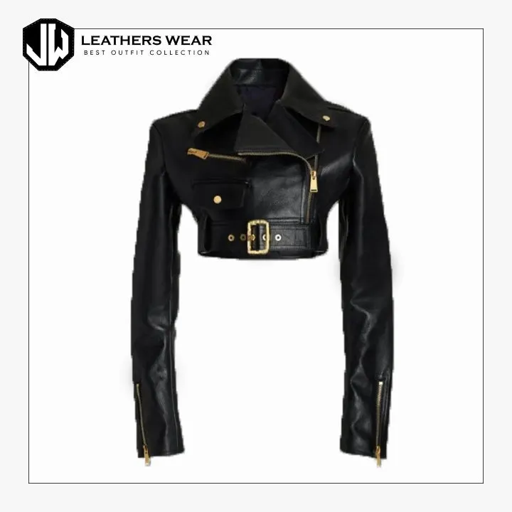 Black Cropped Leather Motorcycle Jacket