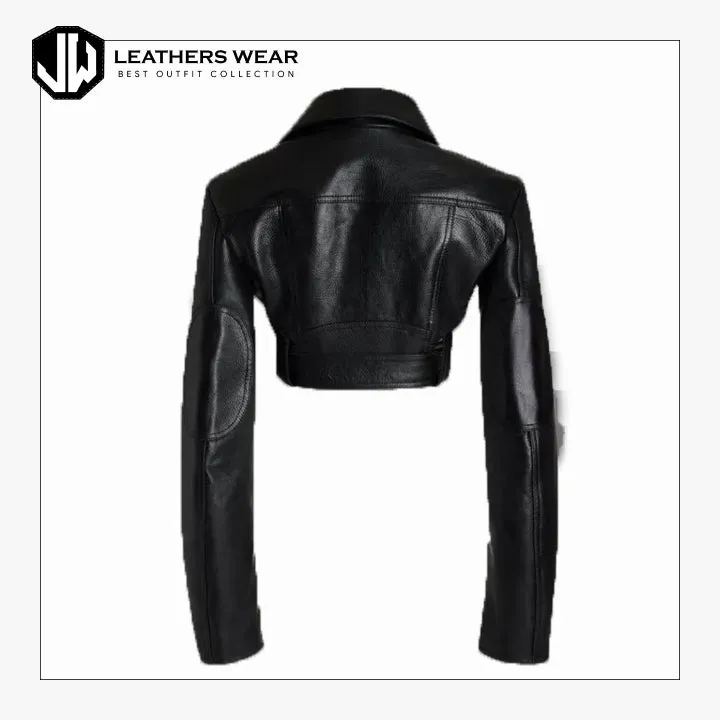 Black Cropped Leather Motorcycle Jacket