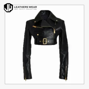 Black Cropped Leather Motorcycle Jacket