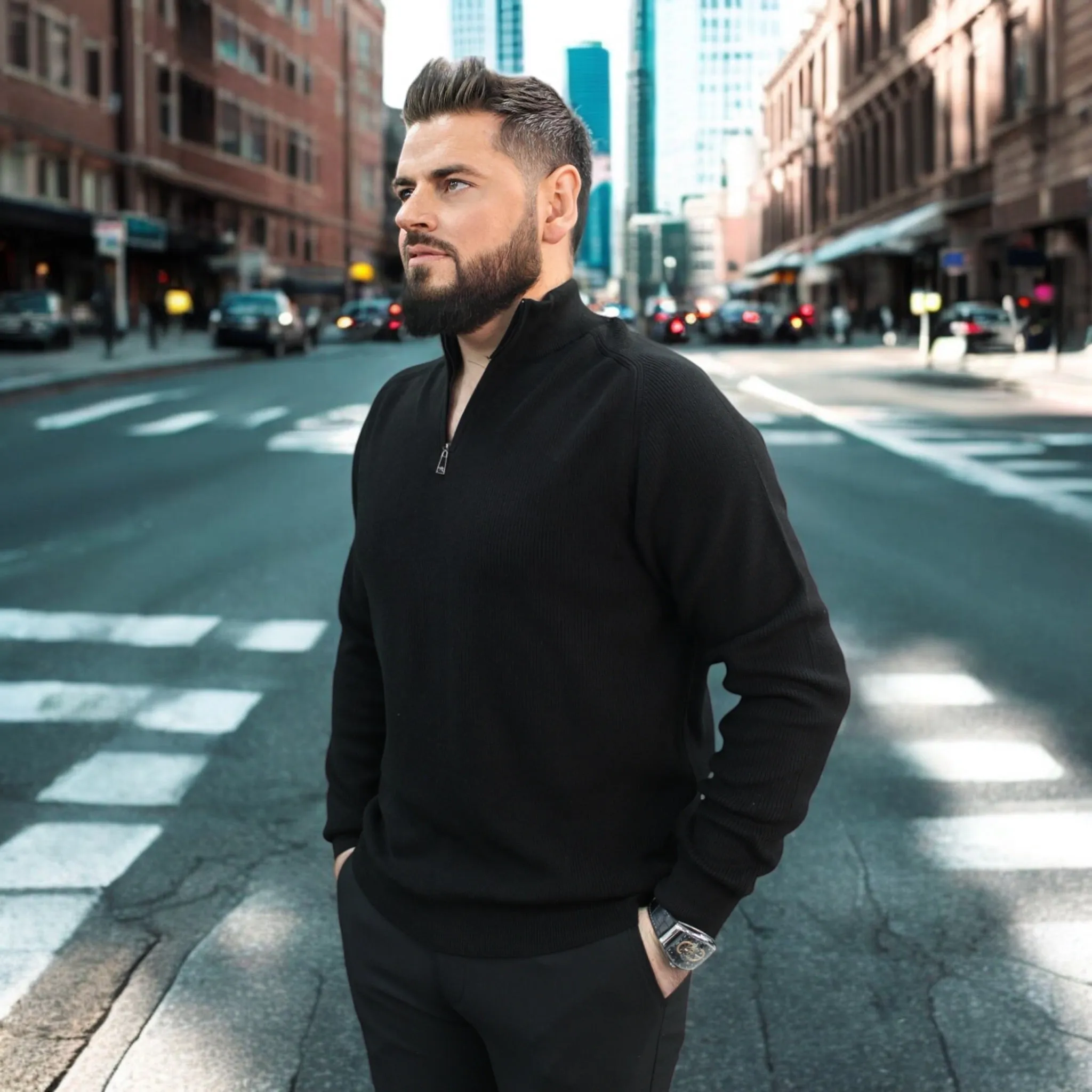 Black - Wool- Quarter Zipper,  Essential  Sweater
