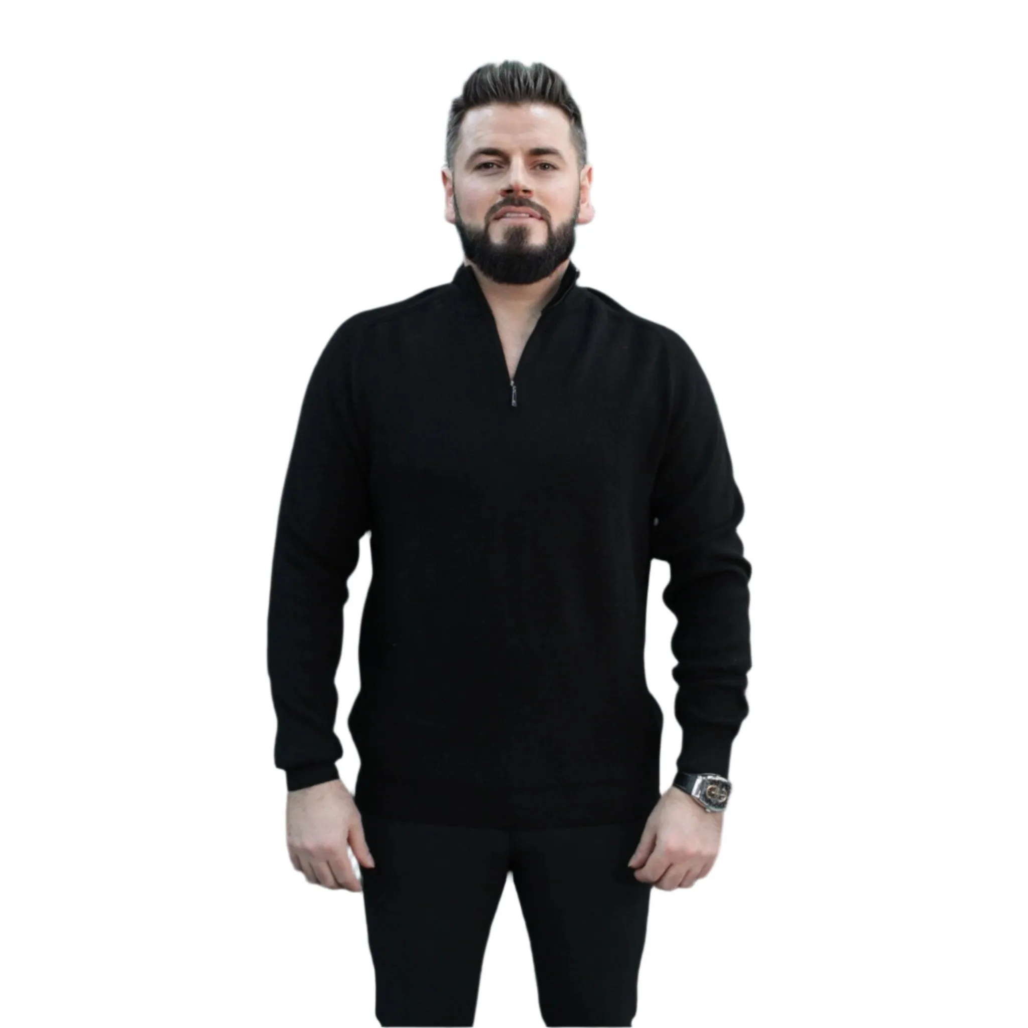 Black - Wool- Quarter Zipper,  Essential  Sweater