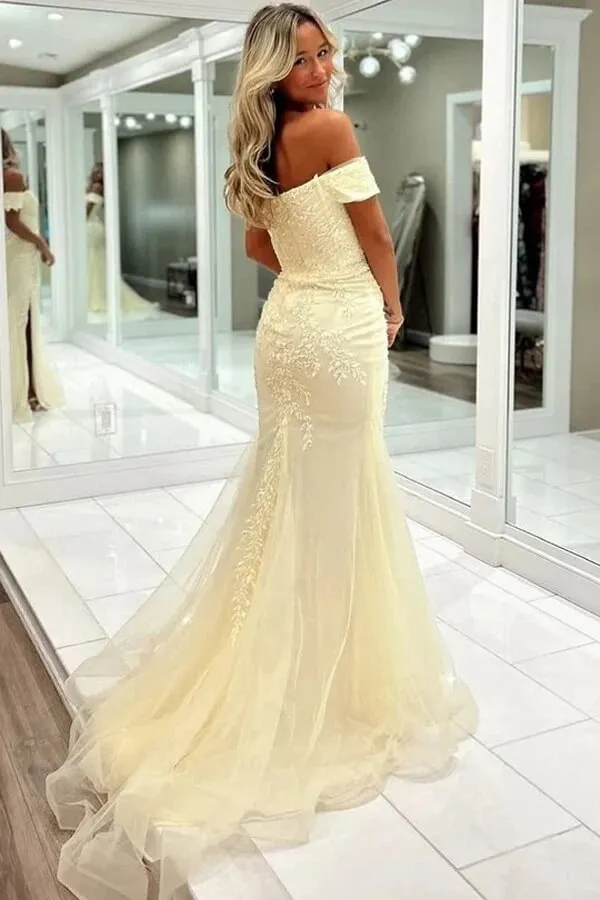 Blue Tulle Mermaid Off Shoulder Sweetheart Lace Appliques Prom Dresses, MP1010