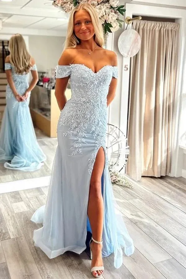 Blue Tulle Mermaid Off Shoulder Sweetheart Lace Appliques Prom Dresses, MP1010