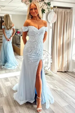 Blue Tulle Mermaid Off Shoulder Sweetheart Lace Appliques Prom Dresses, MP1010