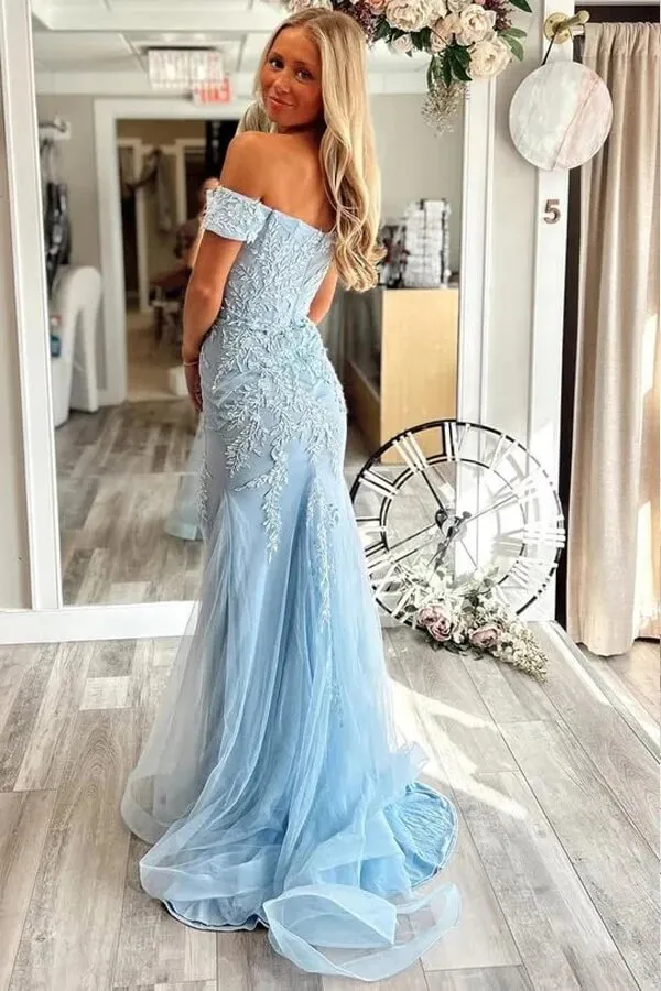 Blue Tulle Mermaid Off Shoulder Sweetheart Lace Appliques Prom Dresses, MP1010