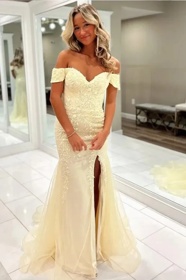 Blue Tulle Mermaid Off Shoulder Sweetheart Lace Appliques Prom Dresses, MP1010