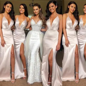 Blush Mermaid Bridesmaid Dresses, Side Slit Bridesmaid Dresses, Long Bridesmaid Dresses, PD0425