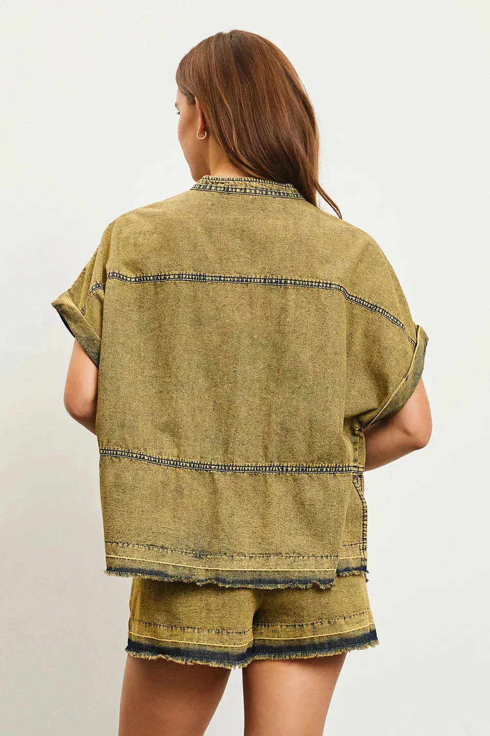 Boho Acid Wash with Frayed Hem Detail V-Neck Top