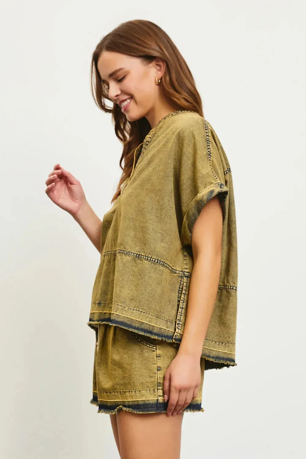 Boho Acid Wash with Frayed Hem Detail V-Neck Top