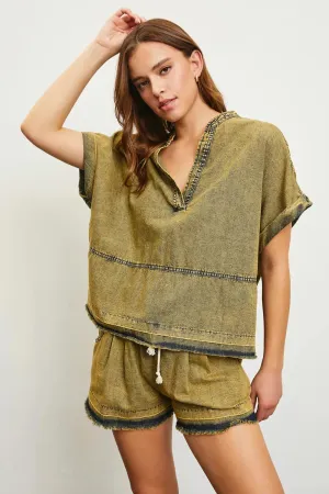 Boho Acid Wash with Frayed Hem Detail V-Neck Top