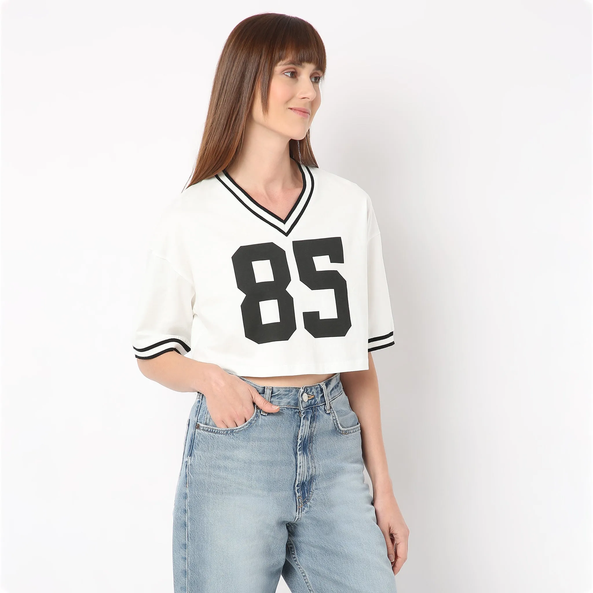 Boxy Fit V-Neck Athleisure Graphic Crop Tee