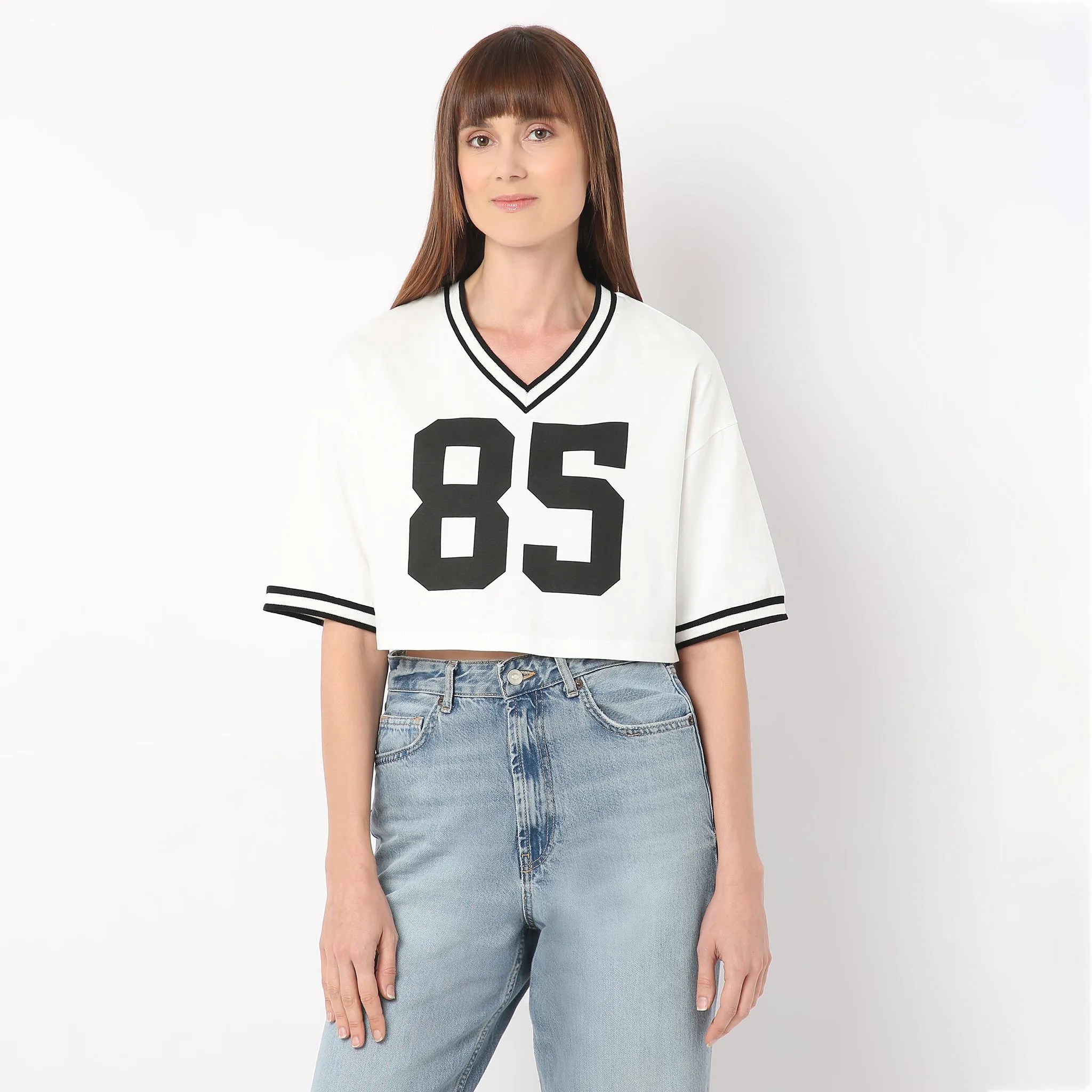 Boxy Fit V-Neck Athleisure Graphic Crop Tee