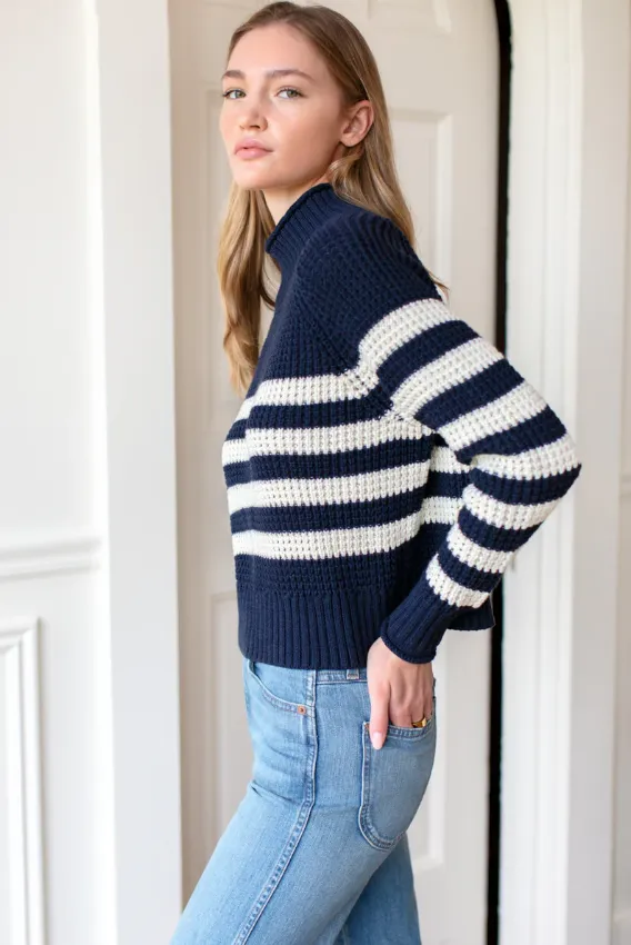 Boxy Funnel Neck Sweater - Navy | Ivory Stripe