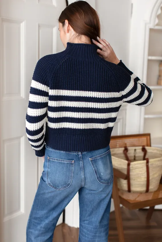Boxy Funnel Neck Sweater - Navy | Ivory Stripe