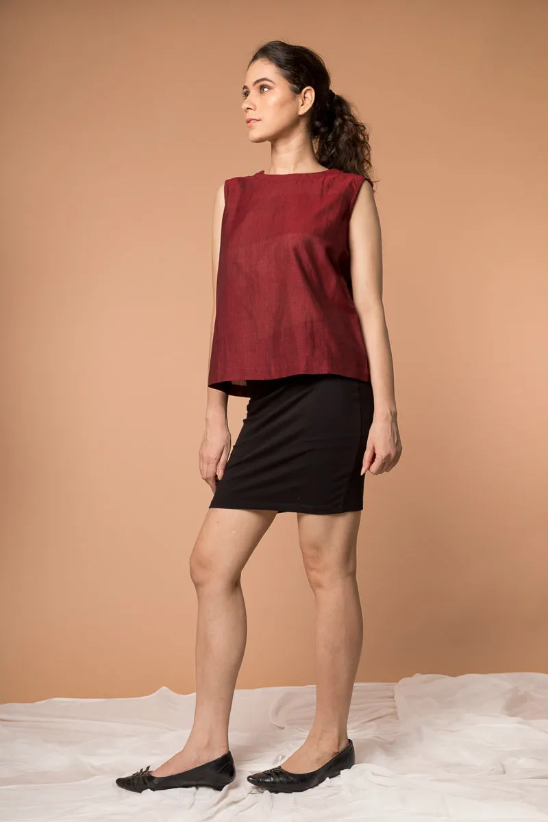 Boxy Top in Maroon handwoven Sambalpur cotton