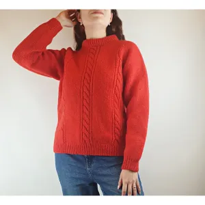 Bright red pre-owned handknit wool feel heavy weight jumper fits sizes 8-10