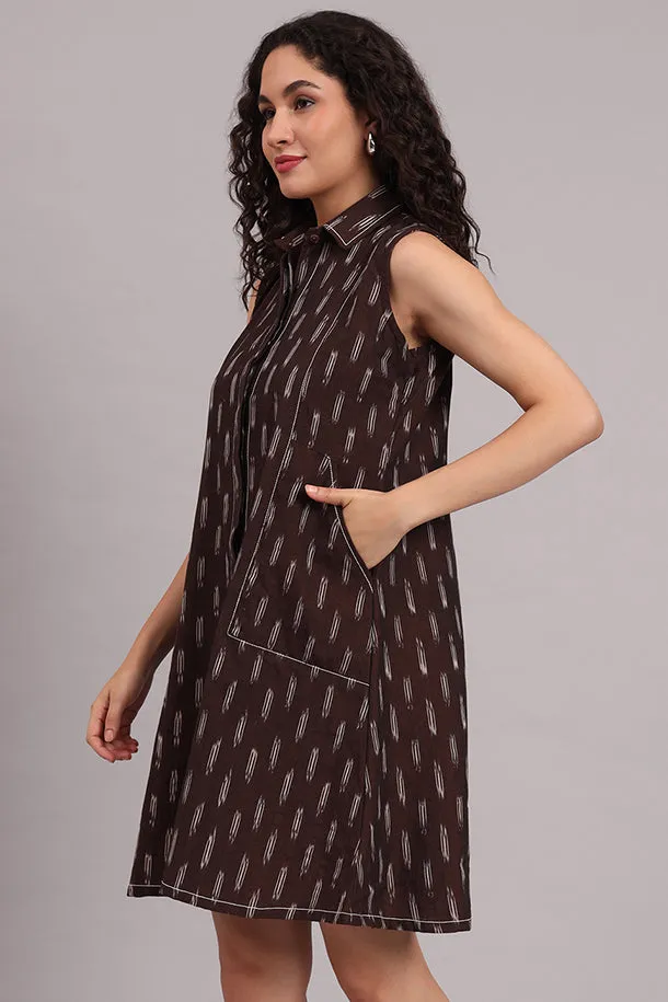 Brown Handloom Iket Sleeveless Dress