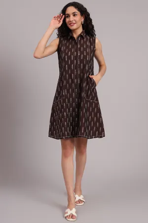Brown Handloom Iket Sleeveless Dress